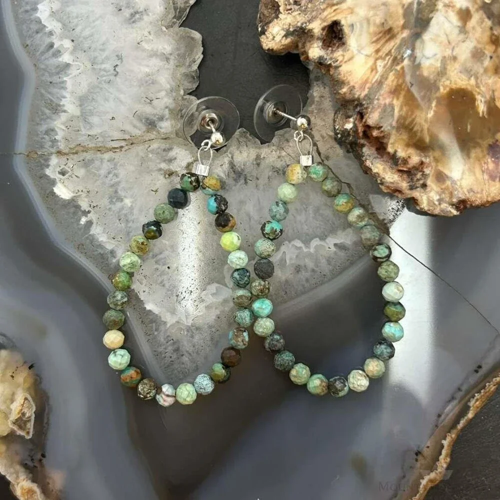Sterling Silver Faceted Hubei Turquoise Beads Hoop Earrings For Women